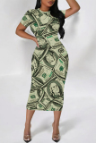 Multicolor Casual Geometric Print Floral Print Contrast O Neck Printed Short Sleeve Dress