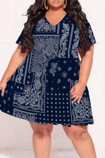 Blue Casual Print Patchwork V Neck Printed Plus Size Dresses
