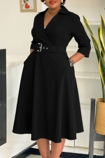 Black Casual Solid Color With Belt Turndown Collar A Line Dresses