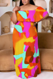 Orange Yellow Casual Print Patchwork Off Shoulder Long Plus Size Dresses