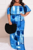 Orange Yellow Casual Print Patchwork Off Shoulder Long Plus Size Dresses