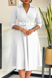 White Casual Solid Color With Belt Turndown Collar A Line Dresses