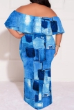 Orange Yellow Casual Print Patchwork Off Shoulder Long Plus Size Dresses