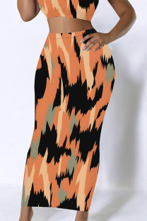 Orange Black Casual Colorblock Geometric Print Contrast Regular High Waist Full Print Bottoms