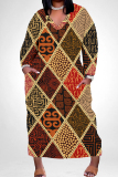 Colour Casual Print Pocket Patchwork V Neck Straight Plus Size Dresses