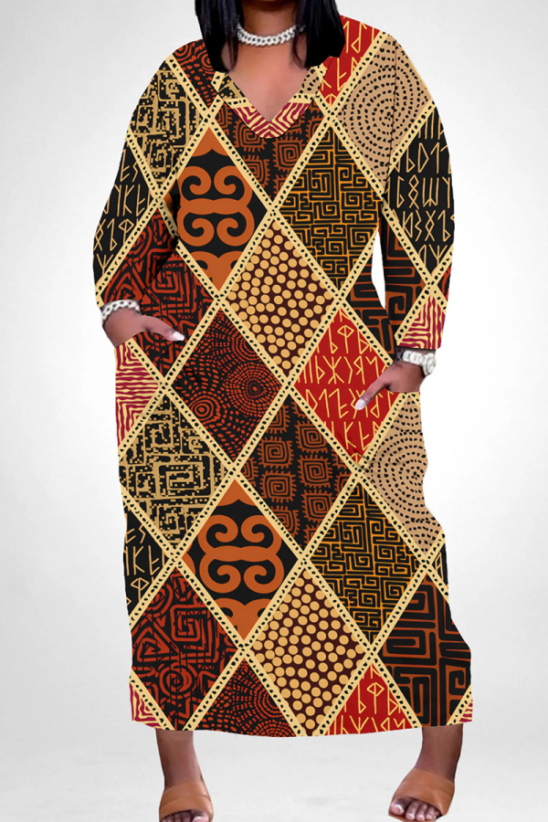 Red Yellow Casual Print Pocket Patchwork V Neck Straight Plus Size Dresses