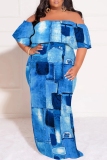 Orange Yellow Casual Print Patchwork Off Shoulder Long Plus Size Dresses