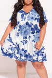 White Casual Geometric Print Flowers Splashed ink printing Contrast V Neck Printed Plus Size Dresses