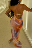 Orange Sexy Print Hollow Out Patchwork Backless High Slit Ruched Halter Long Dresses