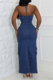 Deep Blue Sexy Casual Solid Color Pocket Backless Slit Strapless Sleeveless Bodycon Denim Dresses