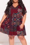 Dark Blue Casual Print Patchwork V Neck Printed Plus Size Dresses
