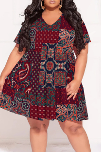 Burgundy Casual Print Patchwork V Neck Printed Plus Size Dresses