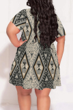 White Casual Geometric Print Flowers Splashed ink printing Contrast V Neck Printed Plus Size Dresses