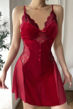 Burgundy Sexy Solid Color Lace Patchwork Backless Lingerie