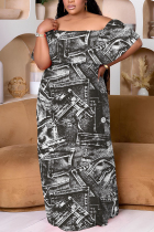 Black Casual Print Patchwork Off Shoulder Long Plus Size Dresses