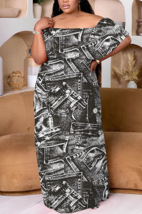 Black Casual Print Patchwork Off Shoulder Long Plus Size Dresses