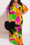 Orange Yellow Casual Print Patchwork Off Shoulder Long Plus Size Dresses