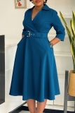 Malachite Green Casual Solid Color With Belt Turndown Collar A Line Dresses