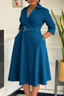 Malachite Green Casual Solid Color With Belt Turndown Collar A Line Dresses