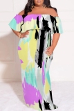 Orange Yellow Casual Print Patchwork Off Shoulder Long Plus Size Dresses