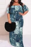 Grey Casual Print Patchwork Off Shoulder Long Plus Size Dresses