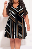 White Casual Geometric Print Flowers Splashed ink printing Contrast V Neck Printed Plus Size Dresses