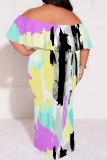 Orange Yellow Casual Print Patchwork Off Shoulder Long Plus Size Dresses