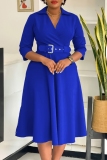 Malachite Green Casual Solid Color With Belt Turndown Collar A Line Dresses