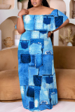 Orange Yellow Casual Print Patchwork Off Shoulder Long Plus Size Dresses