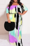 Orange Yellow Casual Print Patchwork Off Shoulder Long Plus Size Dresses
