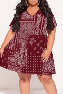 Burgundy Street Print Patchwork V Neck A Line Plus Size Dresses