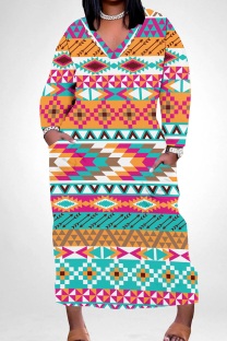 Multicolor Casual Print Pocket Patchwork V Neck Straight Plus Size Dresses