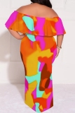 Orange Yellow Casual Print Patchwork Off Shoulder Long Plus Size Dresses