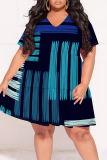 White Casual Geometric Print Flowers Splashed ink printing Contrast V Neck Printed Plus Size Dresses