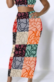 White Casual Colorblock Geometric Print Contrast Regular High Waist Full Print Bottoms
