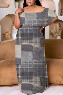 Grey Casual Print Patchwork Off Shoulder Long Plus Size Dresses