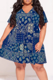 Dark Blue Casual Print Patchwork V Neck Printed Plus Size Dresses
