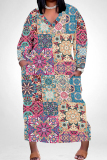 Colour Casual Print Pocket Patchwork V Neck Straight Plus Size Dresses