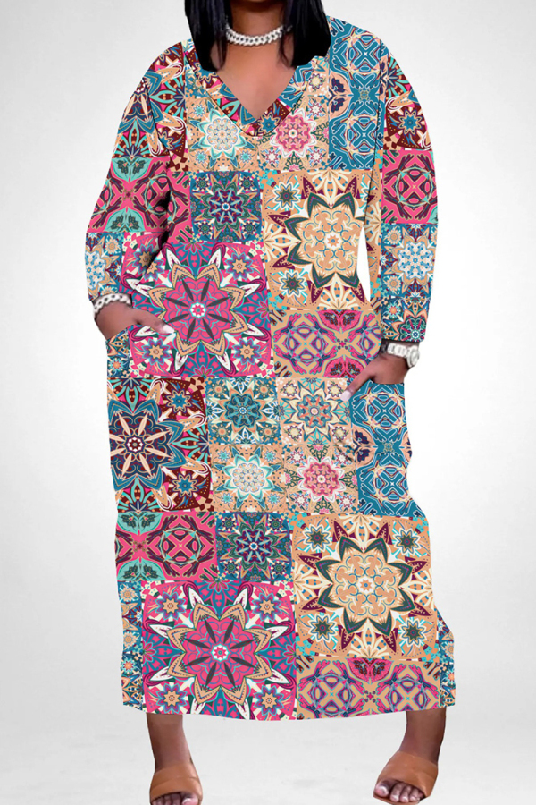 Blue Pink Casual Print Pocket Patchwork V Neck Straight Plus Size Dresses