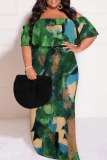 Orange Yellow Casual Print Patchwork Off Shoulder Long Plus Size Dresses