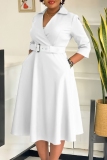 Malachite Green Casual Solid Color With Belt Turndown Collar A Line Dresses