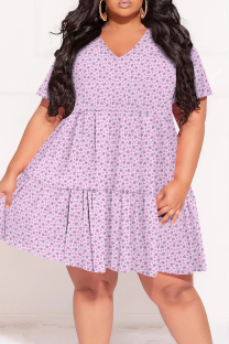 Pink Casual Print Patchwork V Neck Printed Plus Size Dresses