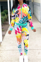Multi-color Casual Print Pocket Patchwork Zipper Zipper Collar Long Sleeve Two Pieces