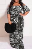 Grey Casual Print Patchwork Off Shoulder Long Plus Size Dresses