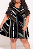 White Casual Geometric Print Flowers Splashed ink printing Contrast V Neck Printed Plus Size Dresses