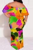 Orange Yellow Casual Print Patchwork Off Shoulder Long Plus Size Dresses