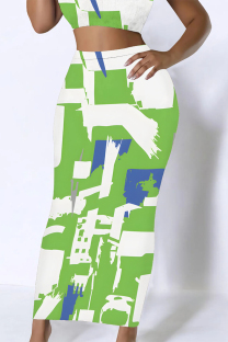 Light Green Casual Colorblock Geometric Print Contrast Regular High Waist Full Print Bottoms