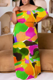 Orange Yellow Casual Print Patchwork Off Shoulder Long Plus Size Dresses