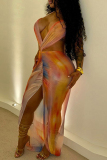 Orange Sexy Print Hollow Out Patchwork Backless High Slit Ruched Halter Long Dresses