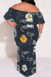 Grey Casual Print Patchwork Off Shoulder Long Plus Size Dresses